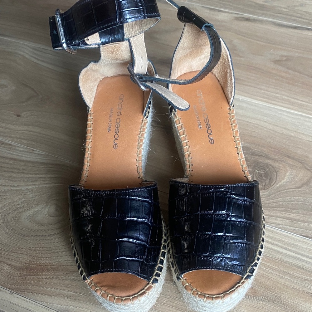 Andre Assous Black Croc-Embossed Espadrille Wedge Sandals